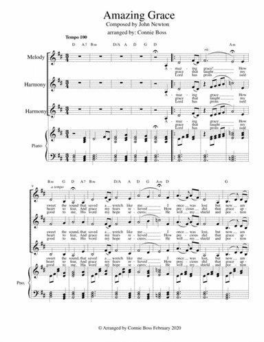 Amazing Grace - vocal trio and piano Key of D - lower range (arr. Connie Boss)
