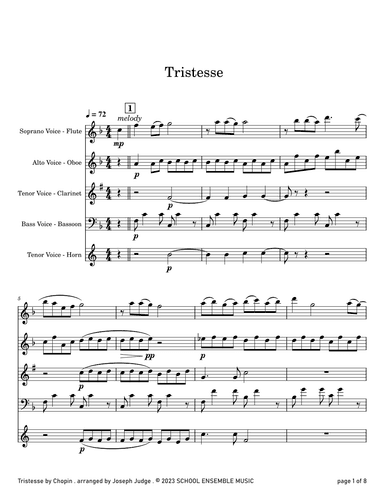 Tristesse by Chopin for Woodwind Quartet in Schools (arr. Joseph Judge)