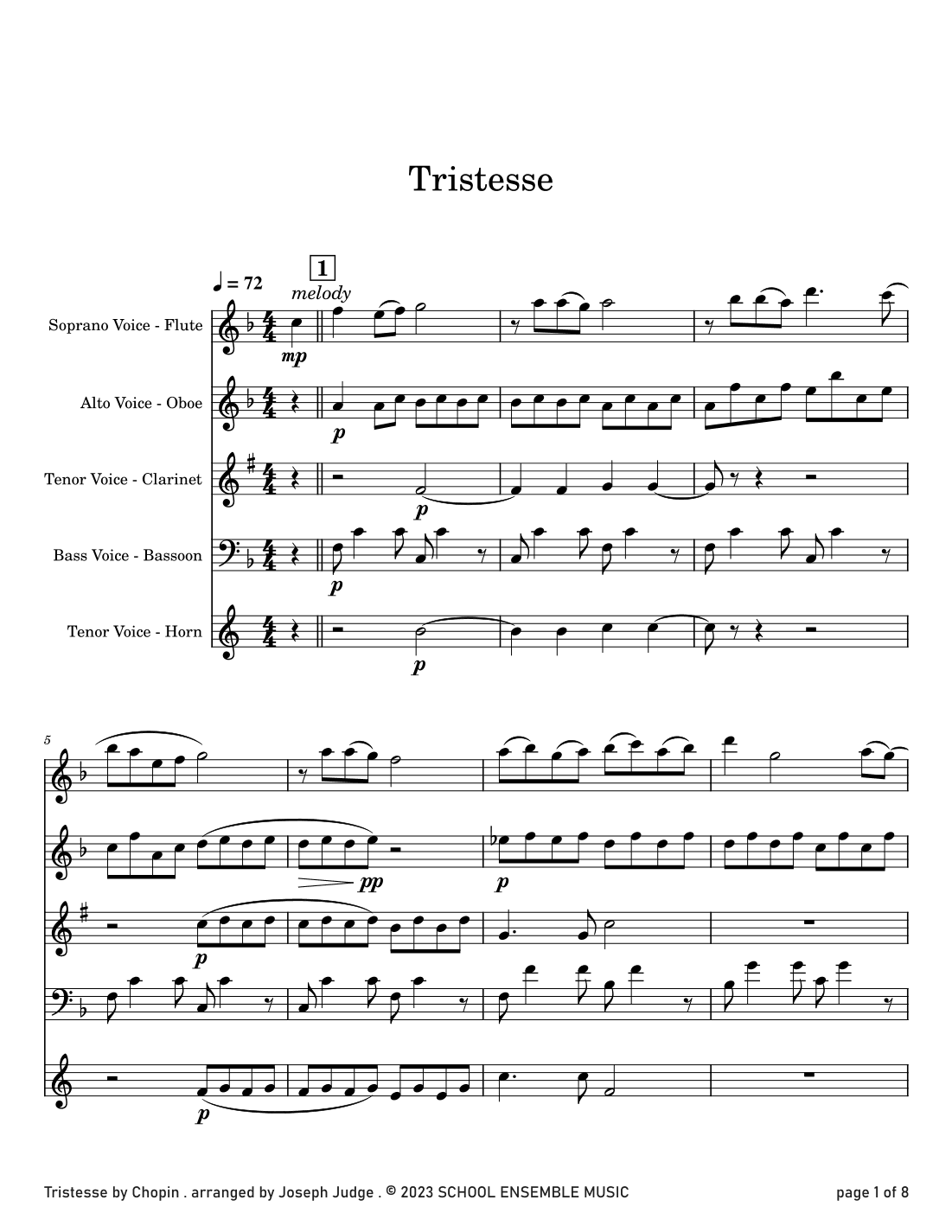 Tristesse by Chopin for Woodwind Quartet in Schools (arr. Joseph Judge)