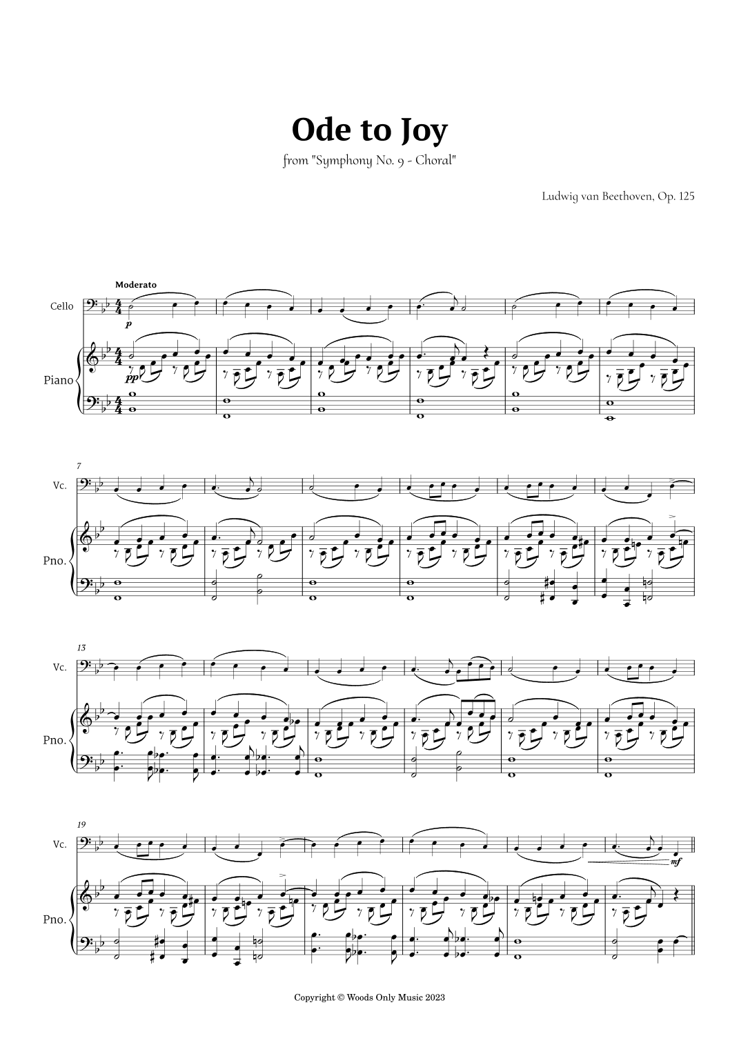 Ode to Joy by Beethoven for Cello and Piano (arr. Ander)