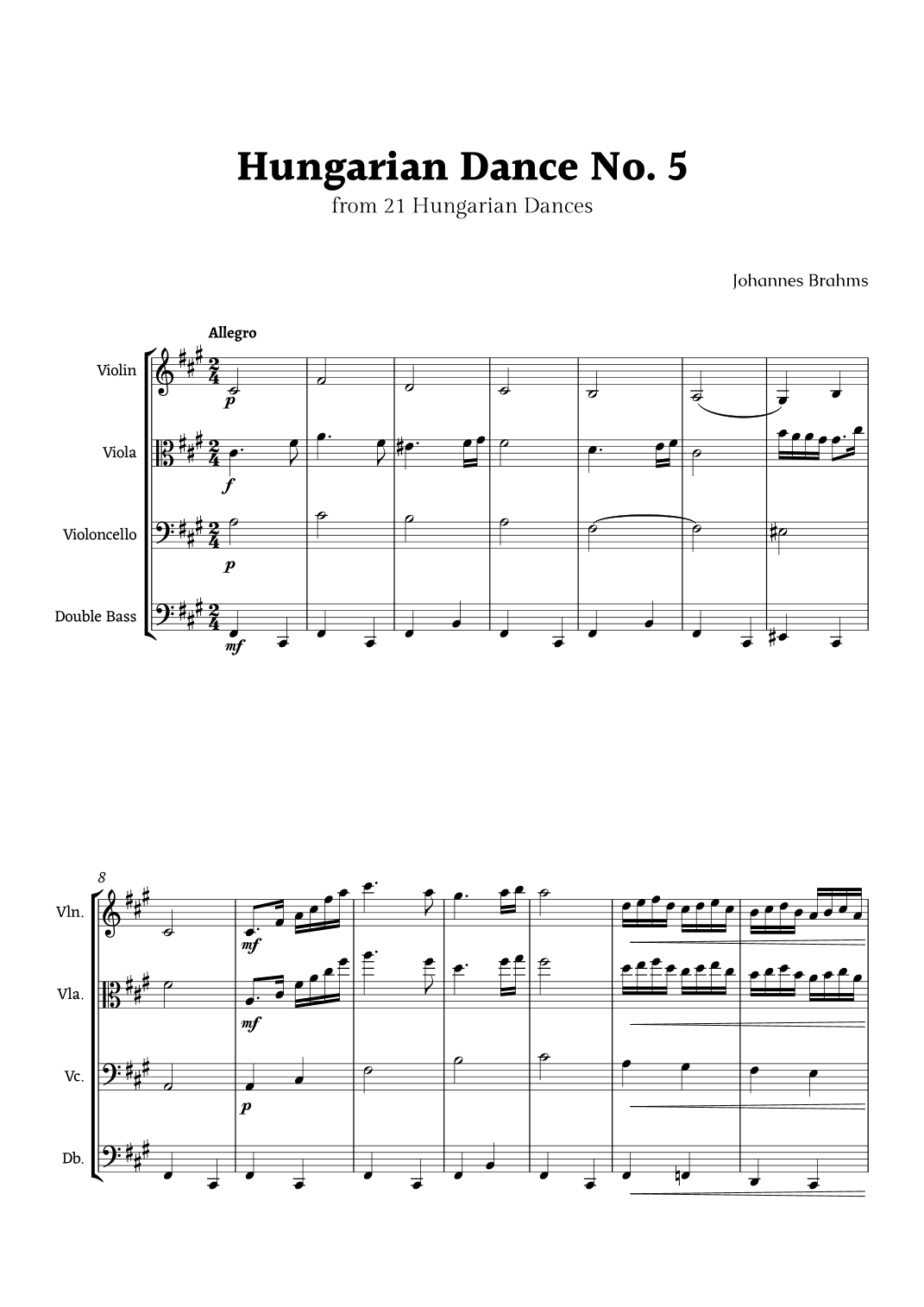 Hungarian Dance No. 5 by Brahms for String Ensemble Quartet (arr. Rika K.)