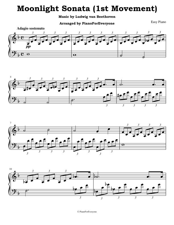 Moonlight Sonata 1st Movement - Beethoven (Easy Piano) (arr. PianoForEveryone)