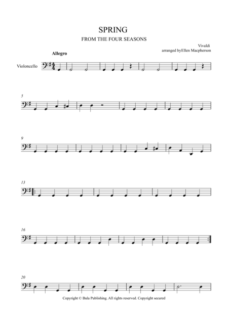 SPRING - FROM THE FOUR SEASONS - EASY STRING QUARTET MUSIC - CELLO (arr. Ellen Macpherson)
