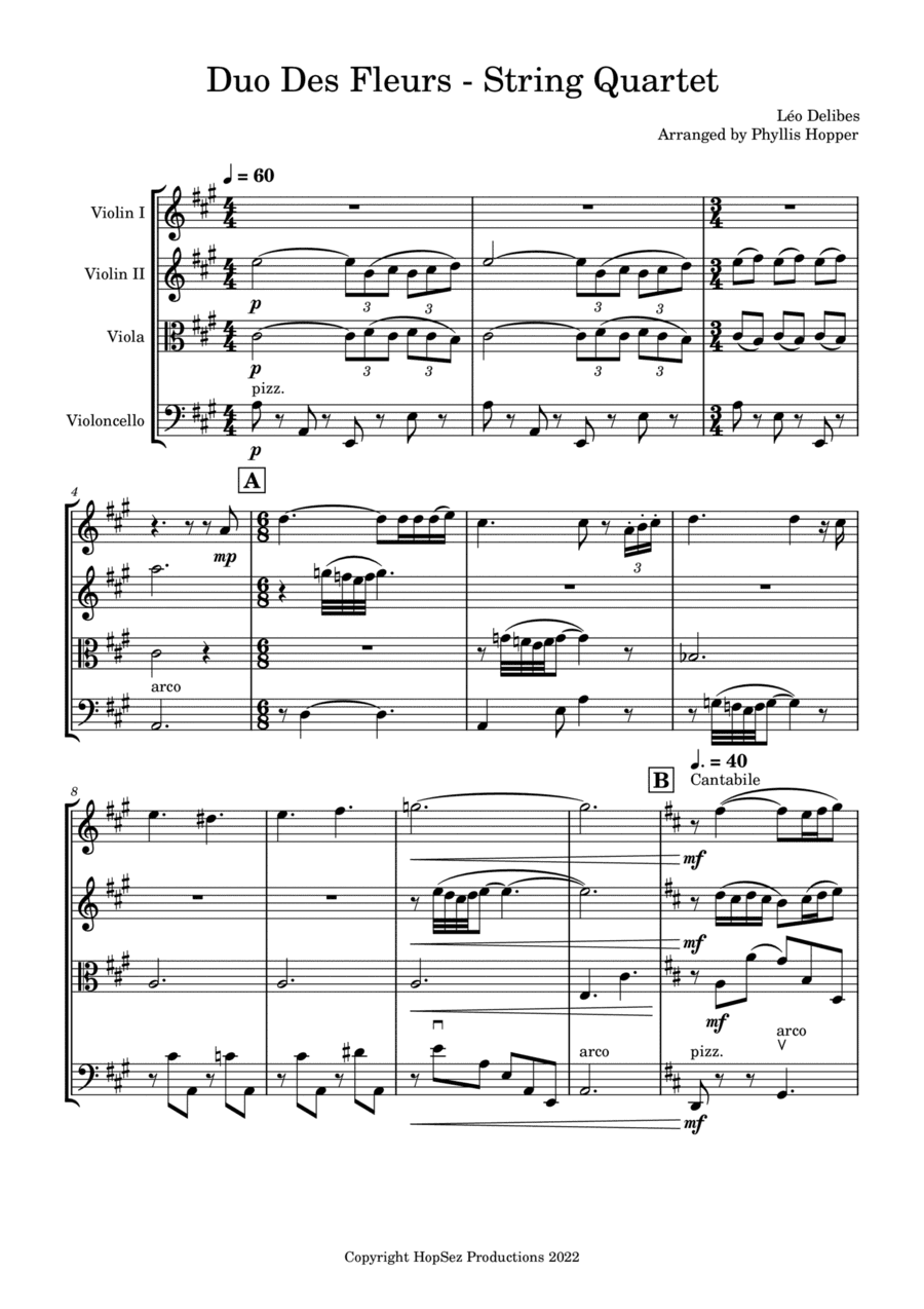 Duo Des Fleurs - Flower Duet from Lakmé (Sous Le Dôme Épais) - String Quartet (arr. Phyllis Hopper)