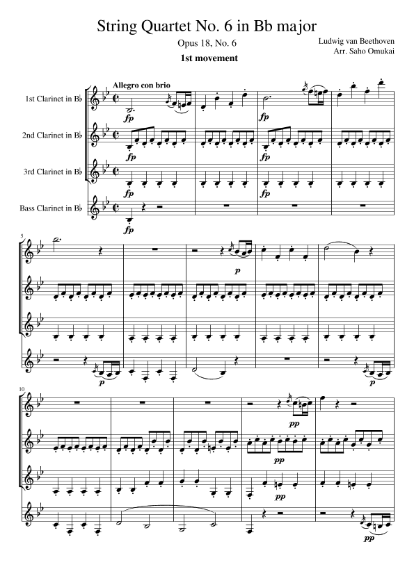 Ludwig van Beethoven: Quartet No.6 Op.18 in B flat major for 4Clarinets (3Clarinets & Bass Clarinet) (arr. Saho Omukai)