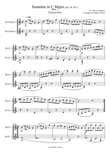 Sonatina in C Major, Op. 36. No. 1 for Clarinet Duet (arr. by Hadley Hazen)