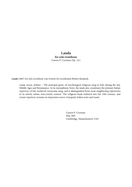 Carson Cooman : Lauda for solo trombone