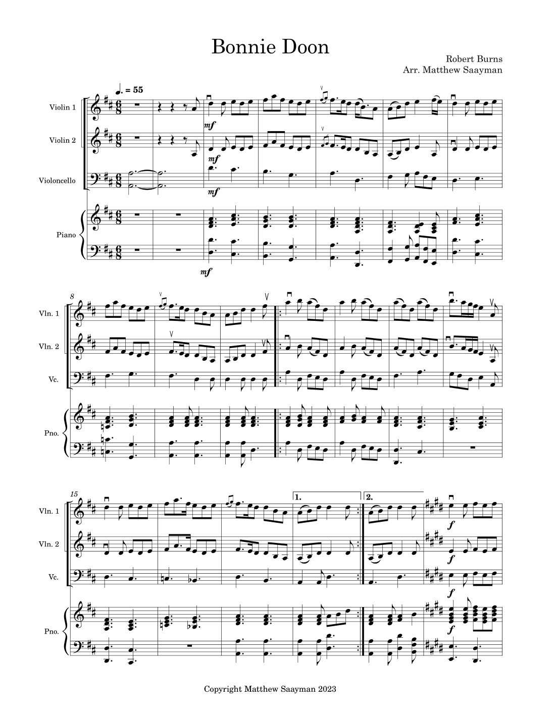 Bonnie Doon - Violin, Cello, and  Piano (arr. Matthew Saayman)