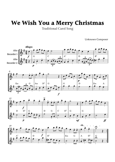 We Wish you a Merry Christmas for Alto Recorder Duet with Chords (arr. Rika K.)