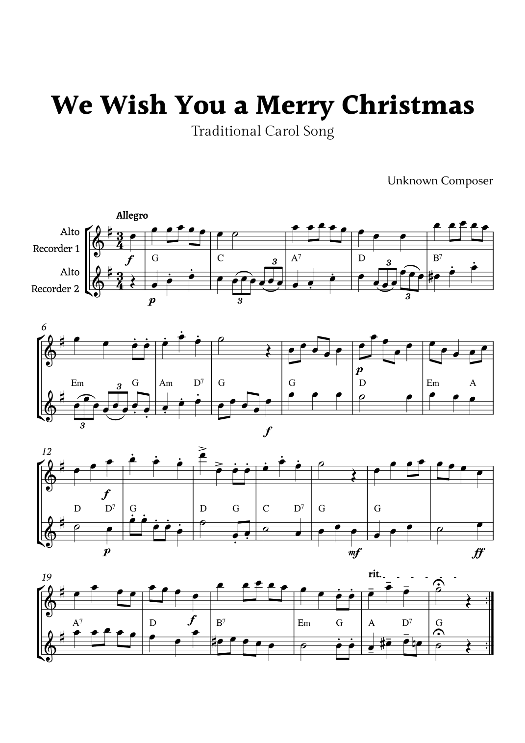 We Wish you a Merry Christmas for Alto Recorder Duet with Chords (arr. Rika K.)
