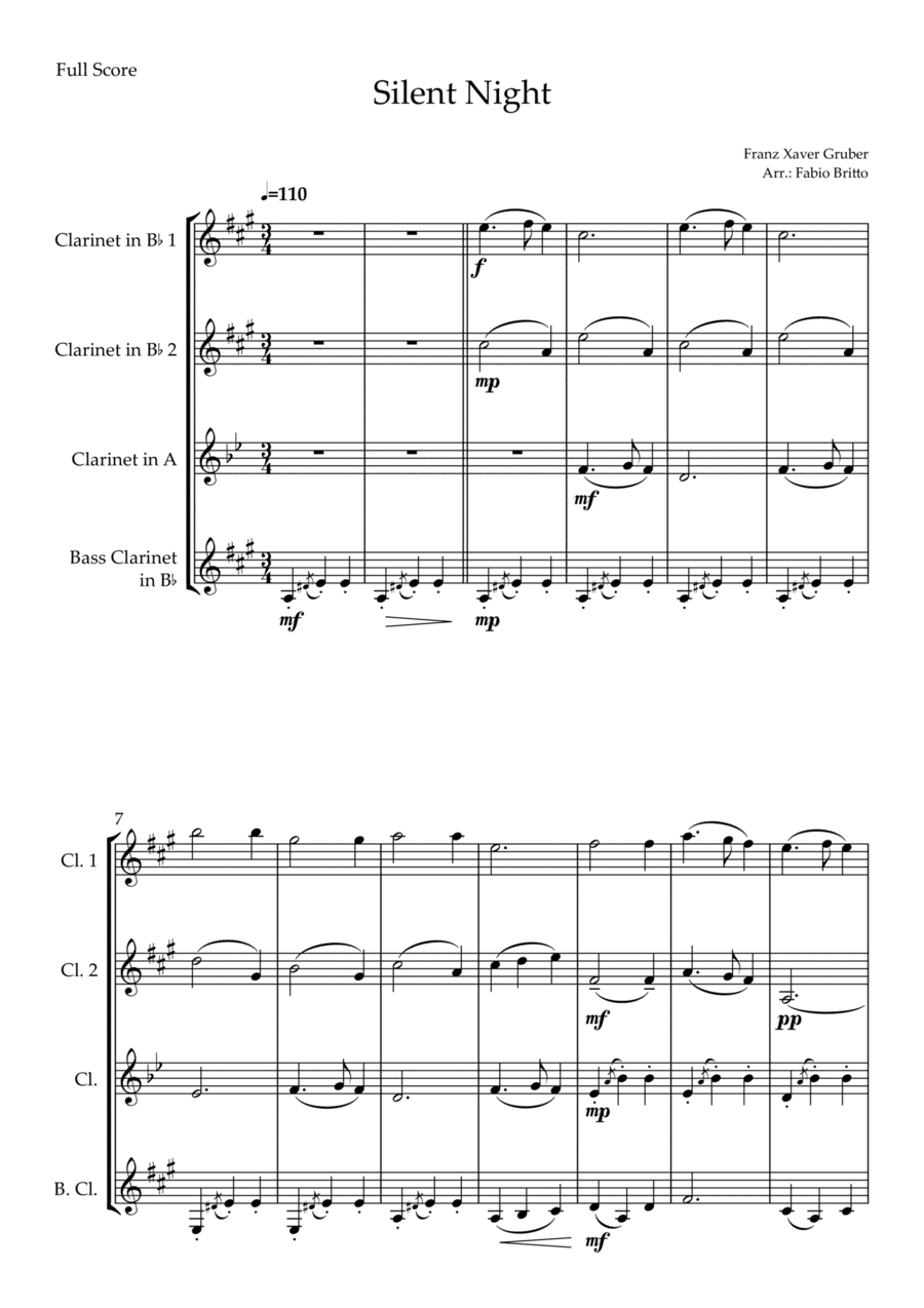 Silent Night (Christmas Song) for Clarinet Quartet (arr. Fabio Britto)