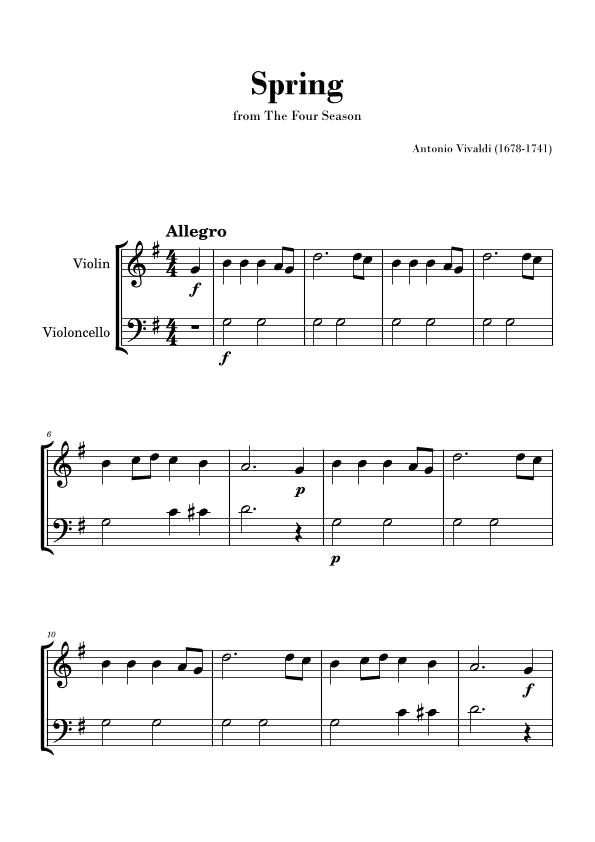 Spring from 'The Four Seasons' by Vivaldi - Easy Violin and Cello Duet (arr. Gisele Sant'Ana)