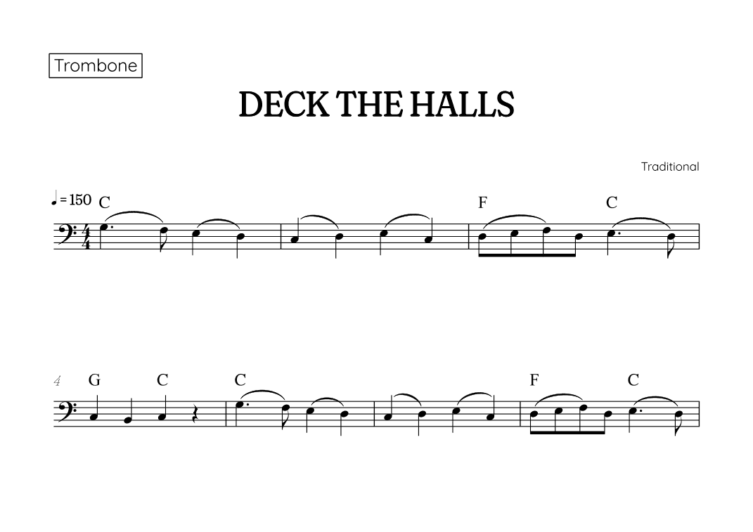 Deck the Halls for trombone • easy Christmas song sheet music with chords (arr. Benzaiten Editions)