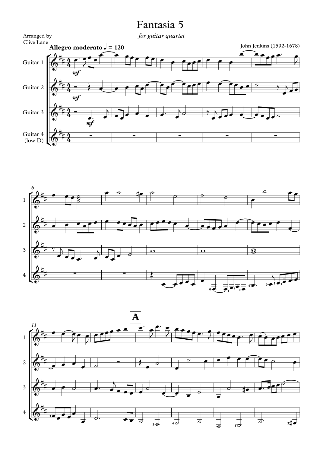 Jenkins Fantasia 5 for guitar quartet (arr. Clive Lane)