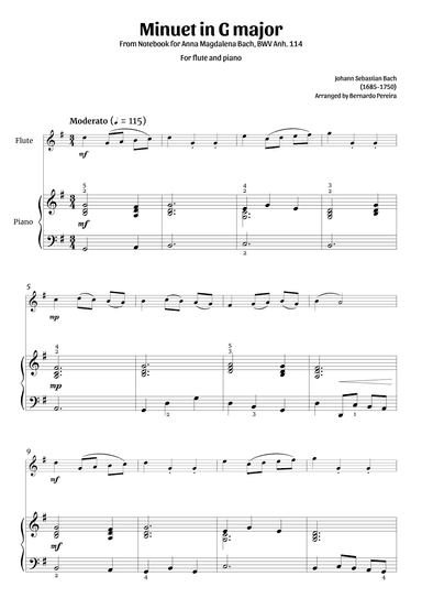 Minuet in G major (flute and piano – clean with fingering) (arr. Bernardo Pereira)