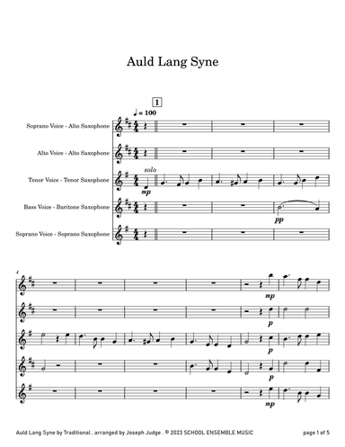 Auld Lang Syne for Saxophone Quartet in Schools (arr. Joseph Judge)