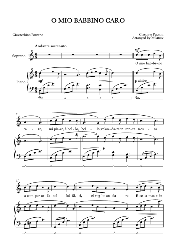 O Mio Babbino Caro | Female Voice Soprano | C Major | Piano accompaniment | Pedal (arr. Milanov)