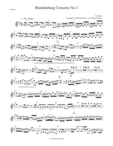 Brandenburg Concert No. 3 - Allegro - String Quartet / Trio (arr. Mitchell Drury)