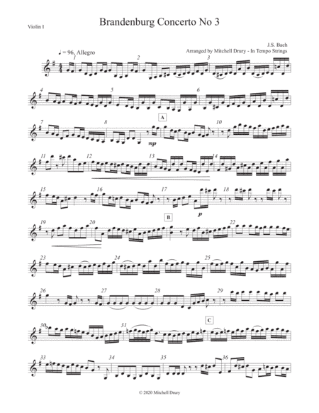 Brandenburg Concert No. 3 - Allegro - String Quartet / Trio (arr. Mitchell Drury)