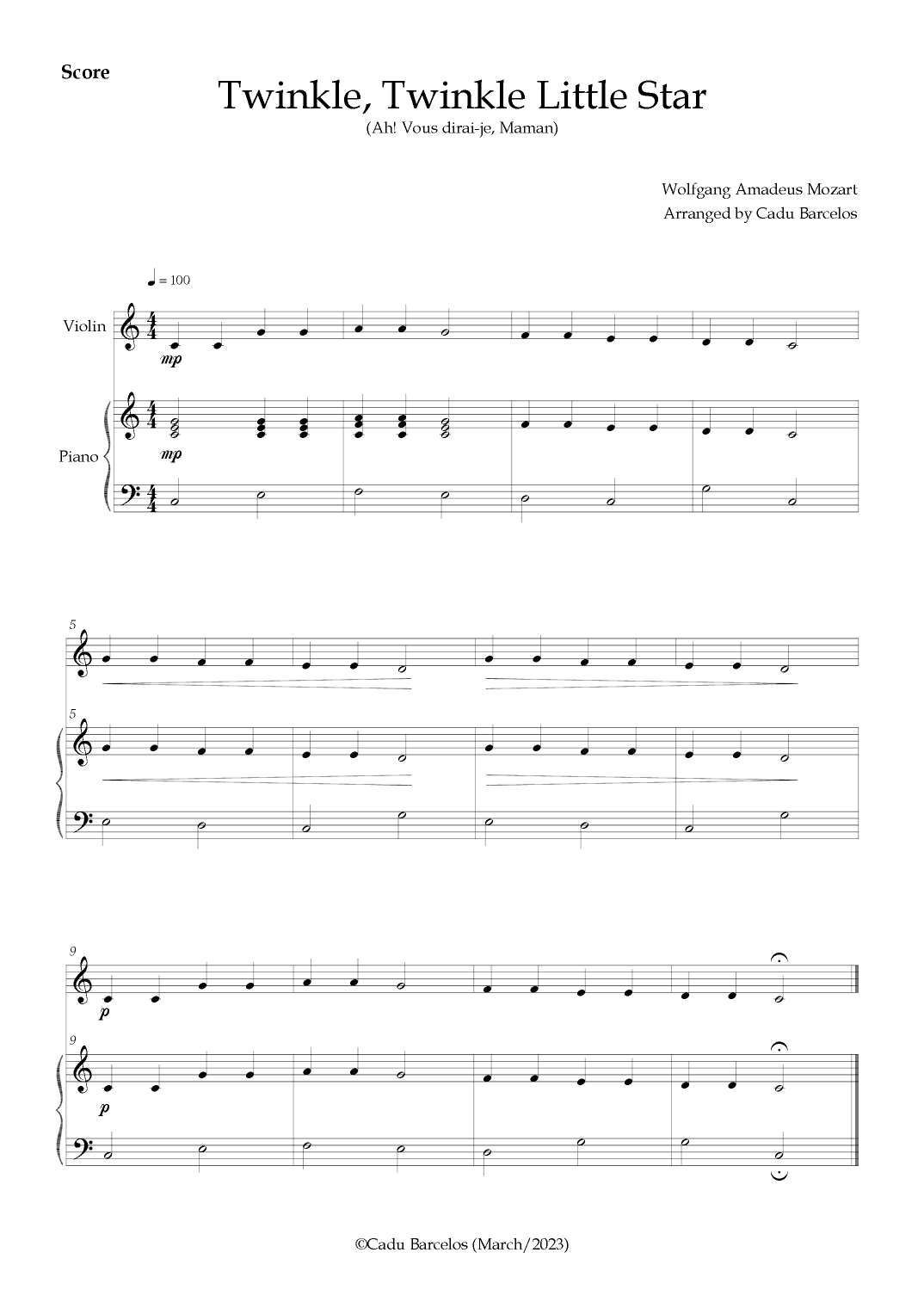 Twinkle, Twinkle Little Star - Easy Piano and Violin C Major (arr. Cadu Barcelos)
