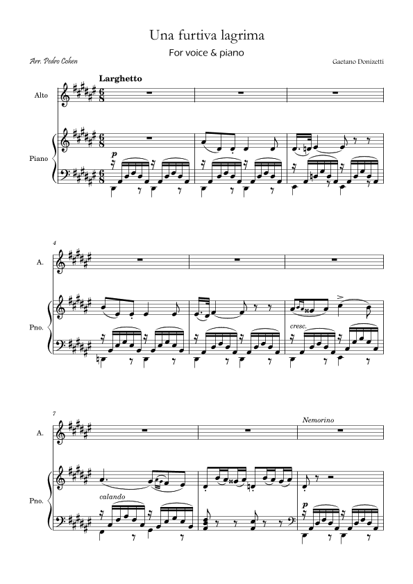 Una Furtiva Lagrima (For contralto in D#m) (arr. Pedro Cohen)