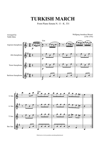 Turkish March - Saxophone Quartet + CHORDS (arr. Valdir Maia)