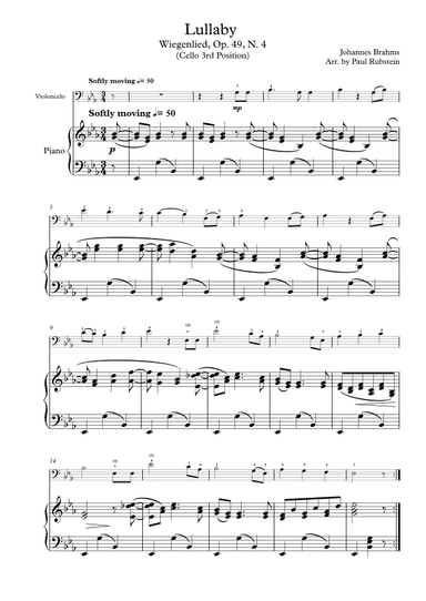 Lullaby/Wiegenlied for Cello and Piano (Cello 3rd Position) (arr. Paul Rubstein)