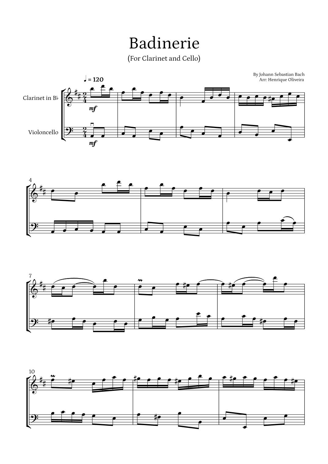 Badinerie by J. S. Bach (For Clarinet and Cello ) (arr. Henrique Oliveira)