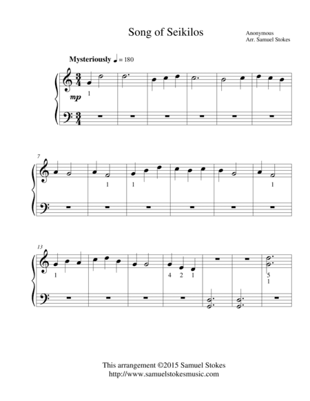 Song of Seikilos - for easy piano (arr. Samuel Stokes)