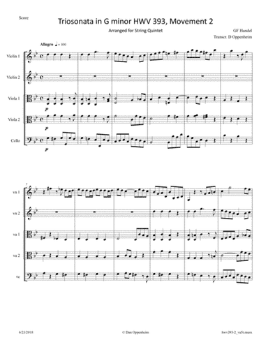 Handel: Triosonata in G Minor HWV 393 . Movement 2 - Allegro arranged for 2-Violas String Quintet (arr. D Oppenheim)