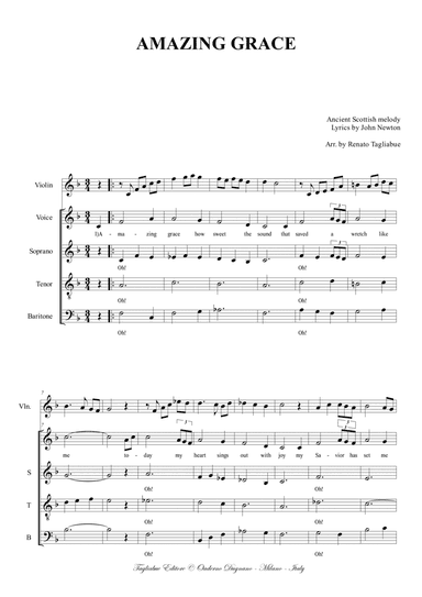 AMAZING GRACE - Arr. for Solo, STB (ora SAB) Choir and Violin (ad libitum) (arr. Renato Tagliabue)