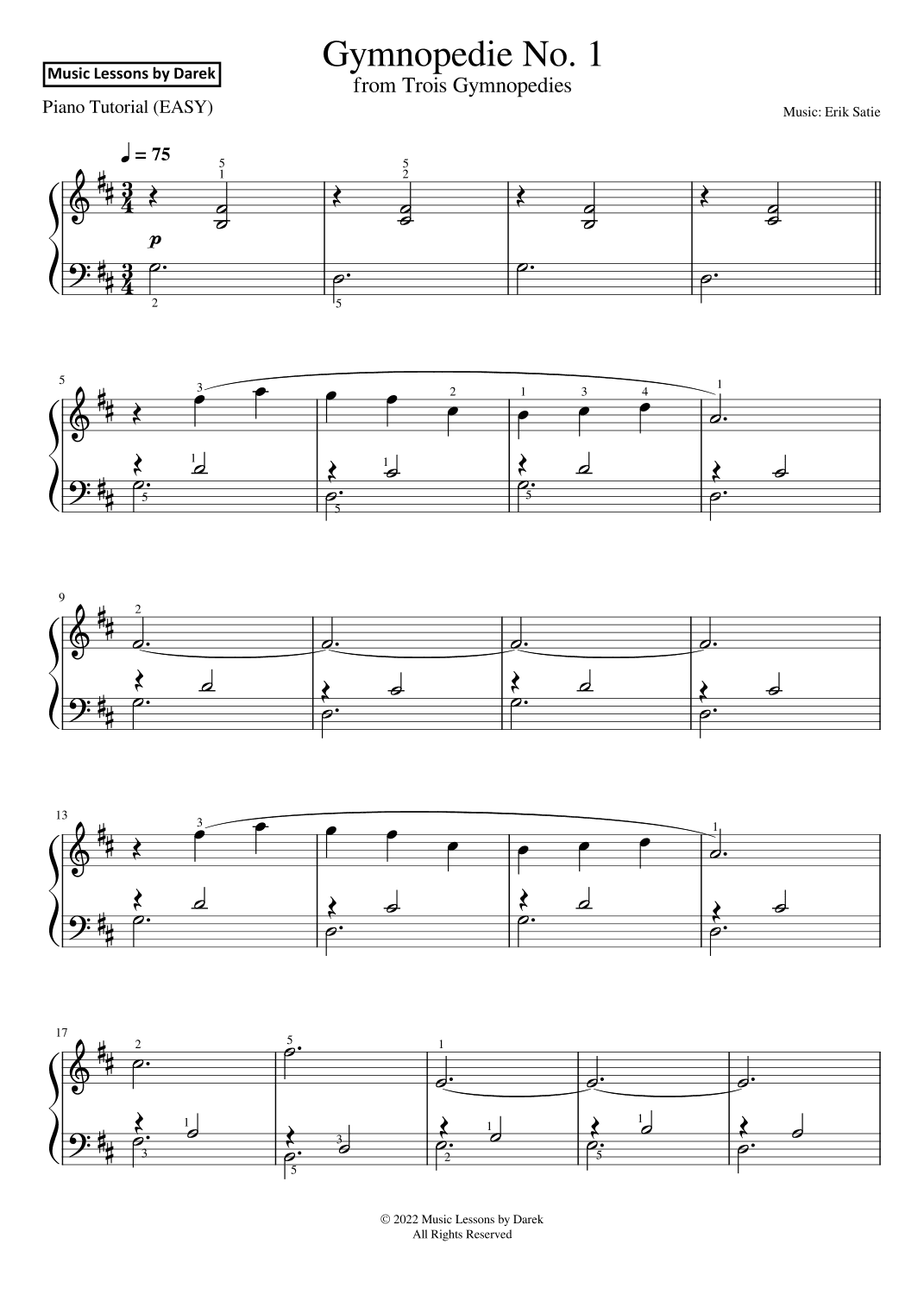 Gymnopedie No. 1 (EASY PIANO) from Trois Gymnopedies [Erik Satie] (arr. Darek)