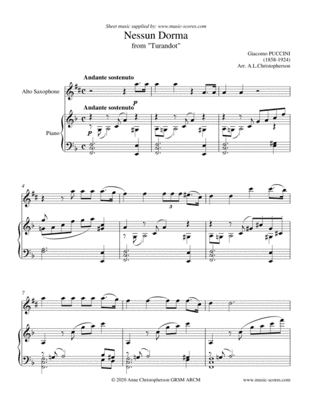 Nessun Dorma - Alto Saxophone and Piano (arr. Anne L Christopherson GRSM ARCM)