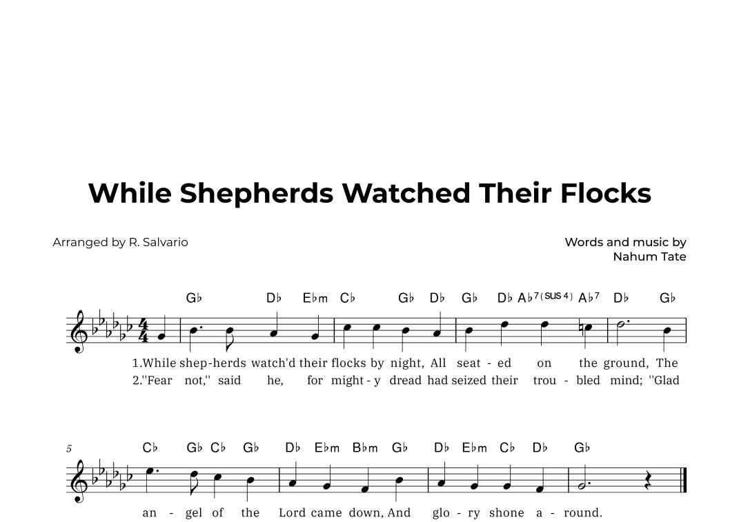 While Shepherds Watched Their Flocks (Key of G-Flat Major) (arr. R. Salvario)