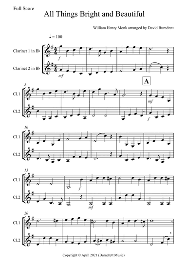 All Things Bright and Beautiful for Clarinet Duet (arr. David Burndrett)
