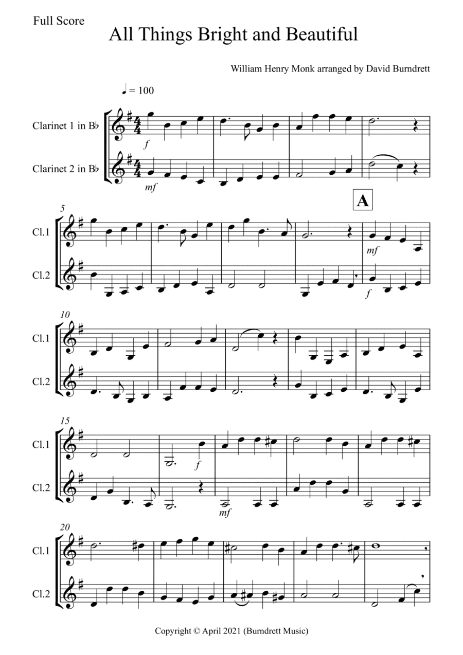 All Things Bright and Beautiful for Clarinet Duet (arr. David Burndrett)