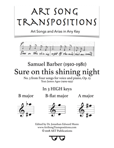 Sure On This Shining Night, Op. 13, No. 13 (arr. ArtSongTranspositions.com)