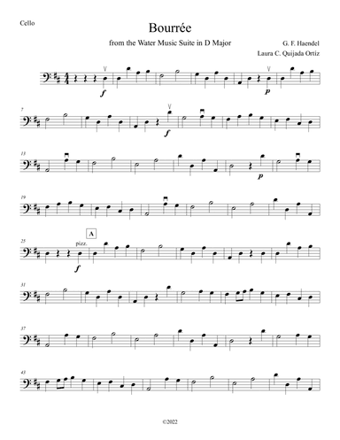 Bourrée from Water Music Suite in D Major,  for beginner string orchestra. SCORE & PARTS. (arr. Laura C. Quijada Ortíz)
