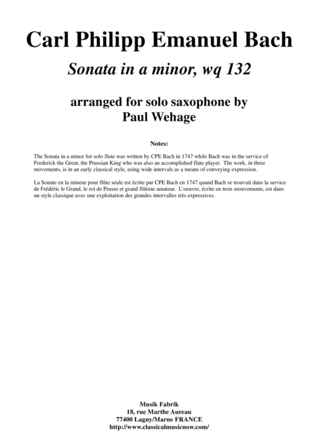 C. P. E. Bach: Sonata in a minor, wq. 132, arranged for alto saxophone by Paul Wehage (arr. Paul Wehage)