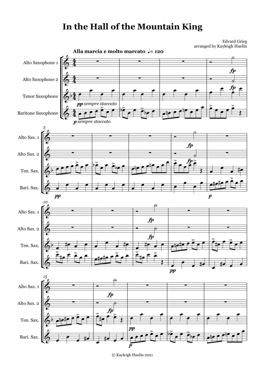 In the Hall of the Mountain King by Edvard Grieg - Saxophone quartet (AATB) (arr. Kayleigh Huelin)