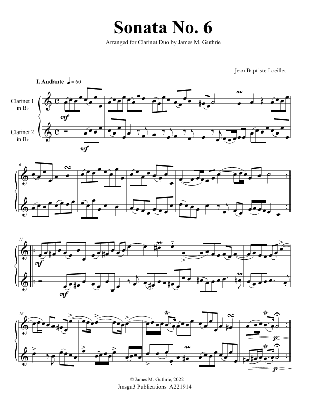 Loeillet: Sonata No. 6 for Clarinet Duo (arr. James M. Guthrie)