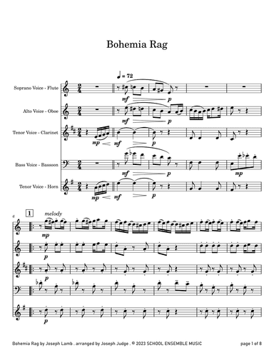 Bohemia Rag by Joseph Lamb for Woodwind Quartet in Schools (arr. Joseph Judge)