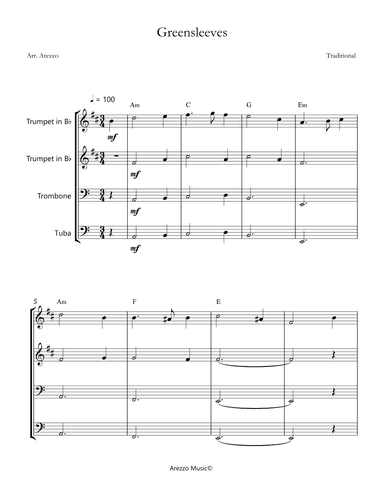 greensleeves brass quartet sheet music chord symbols (arr. Arezzo Music)