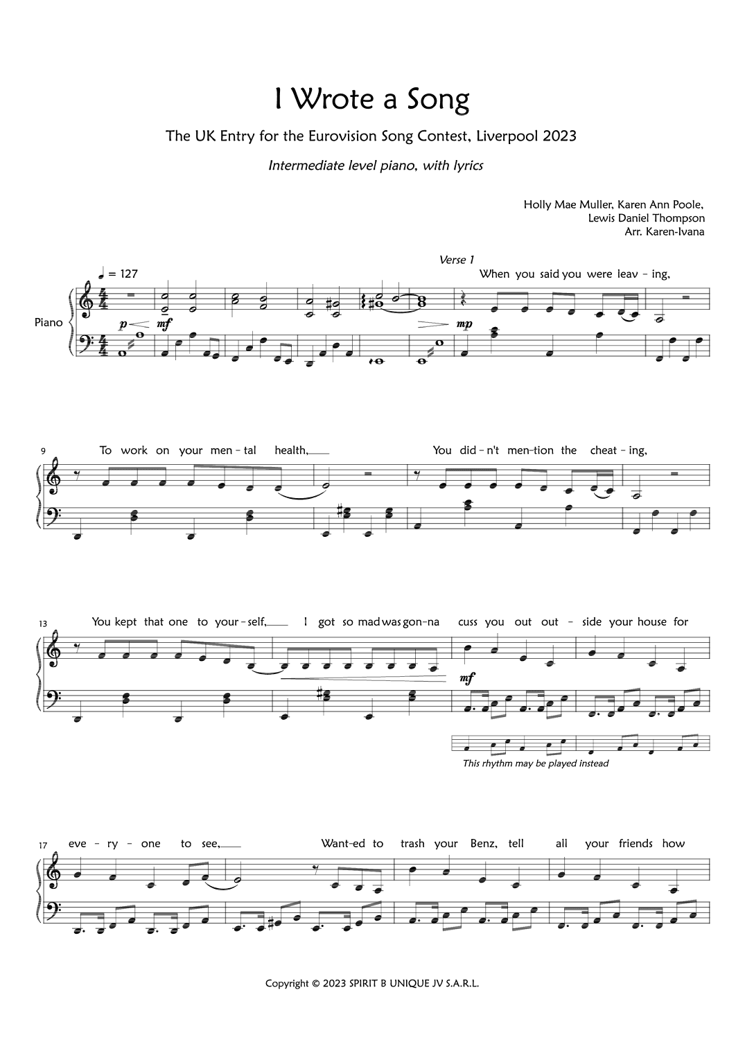 I Wrote A Song (arr. Karen Ivana)