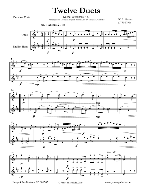 Mozart: 12 Duets K. 487 for Oboe & English Horn (arr. James M. Guthrie, ASCAP)