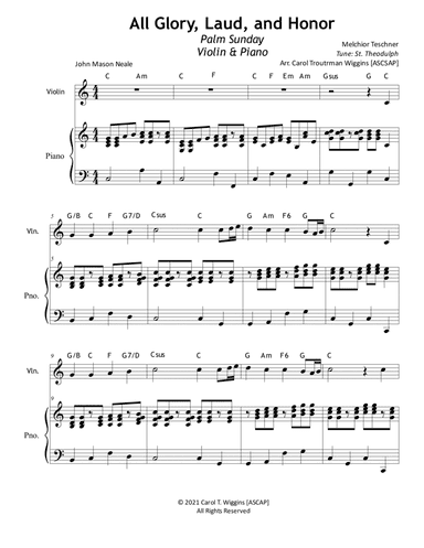 All Glory Laud & Honor (Violin & Piano) (arr. Carol Troutman Wiggins)