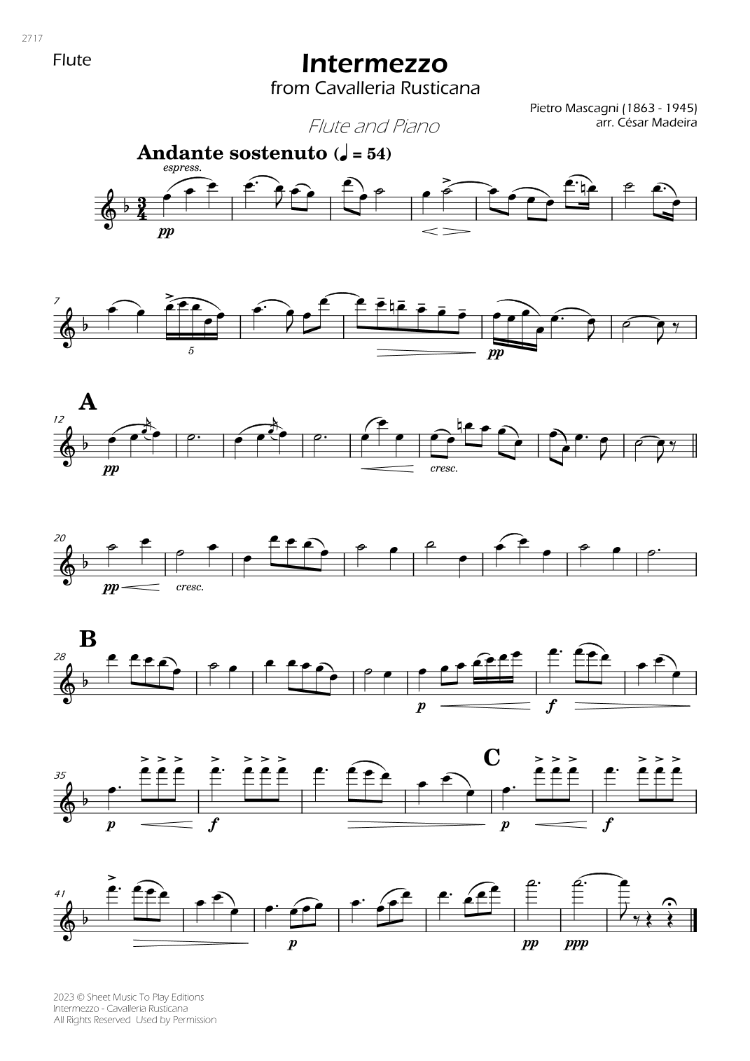 Intermezzo from Cavalleria Rusticana - Flute and Piano (Individual Parts) (arr. César Madeira)