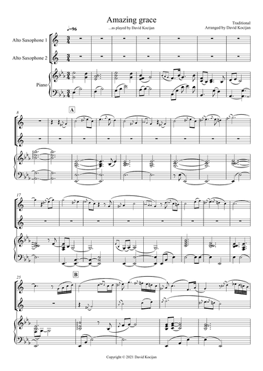 Amazing grace TRIO (Piano & 2 Alto Saxophones) (arr. David Kocijan)