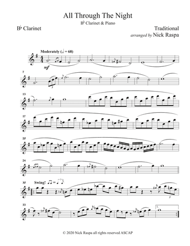 All Through The Night (B flat Clarinet & Piano) - (Clarinet part) (arr. Nick Raspa)