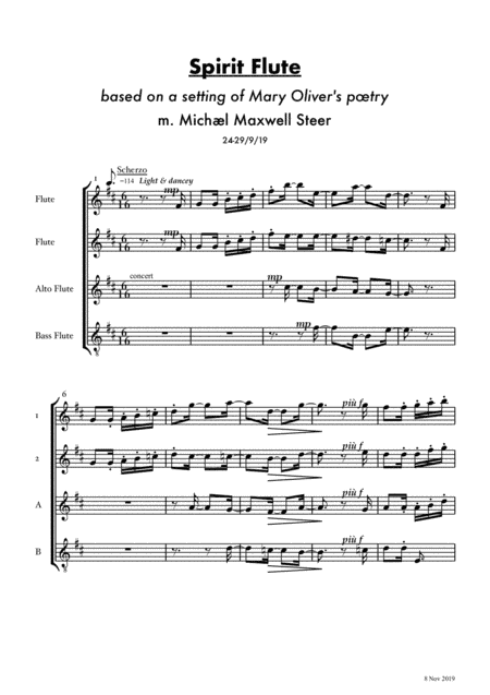 Spirit Flute for flute quartet, based on the Mary Oliver's Poem (the spirit)